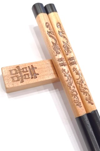 [Double Happiness] Dragon and Phoenix Design Stamped Wood Chopsticks and Holders Dining Set Wedding Gift