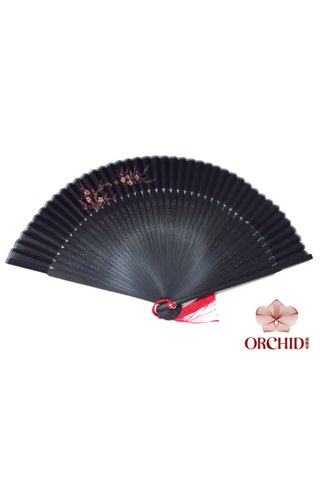 84861 black base red plum | Handpainted Design Tortoise-shell Bamboo And Silk Folding Hand Fan 