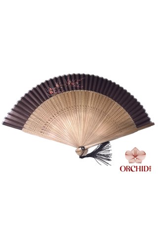 861 brown base red plum | Handpainted Design Tortoise-shell Bamboo And Silk Folding Hand Fan 
