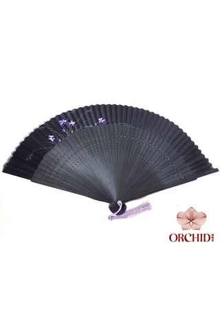 861 black base orchid | Handpainted Design Tortoise-shell Bamboo And Silk Folding Hand Fan 