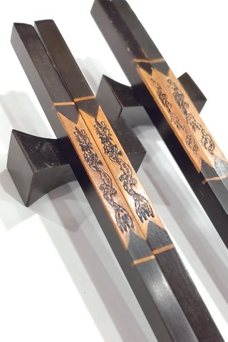 Carved Dragon and Phoenix Design | Young Ebony Wood Chopsticks and Holders Dining Set 