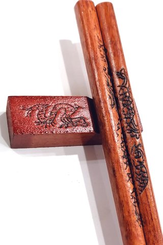 Carved Dragon Design Natural Wood Chopsticks and Holders Dining Set