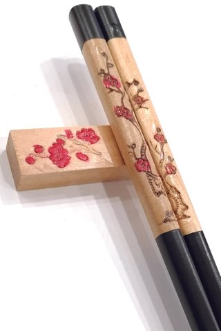 Red Plum Design Stamped Wood Chopsticks and Holders Dining Set