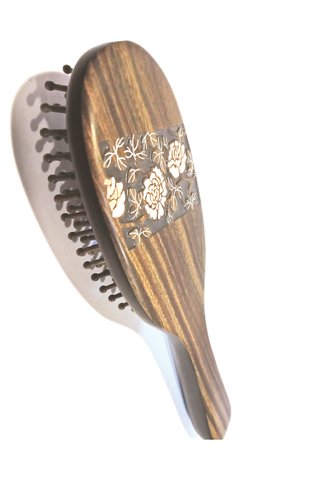 8100247 | Tan's Green Sandal Wood Hair Brush With Carved Handpainted FLower Design